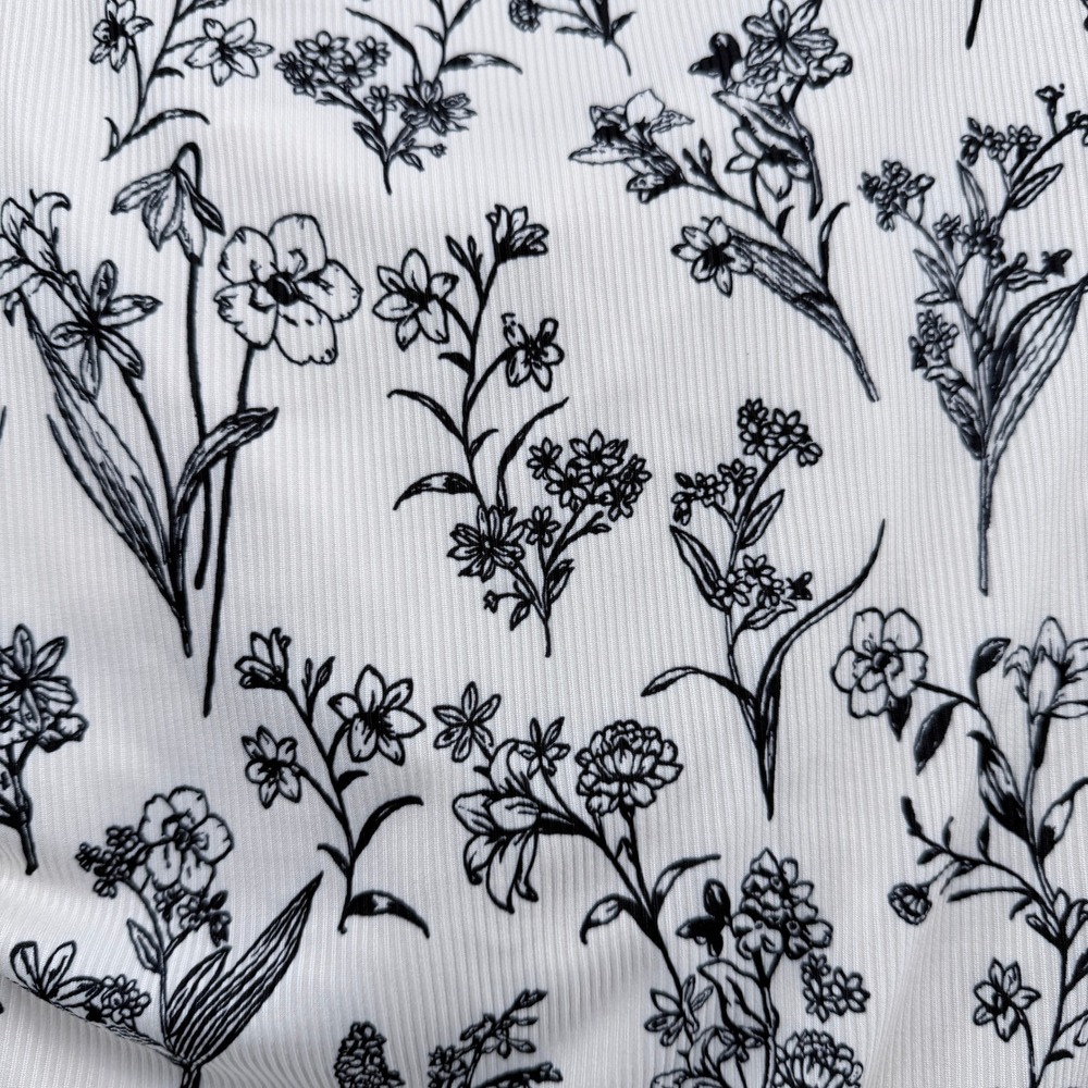 YOZY Floral Ribbed Long Sleeve Bodysuit White Black‎ Ruched Square Neck XL NWT - Picture 5 of 6